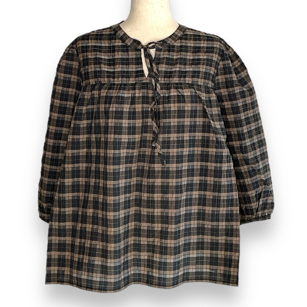 BARBOUR NWT Tan Plaid Shimmer 3/4 Sleeve Tie Neck Balloon Sleeve Peasant Top 12 - Picture 2 of 8